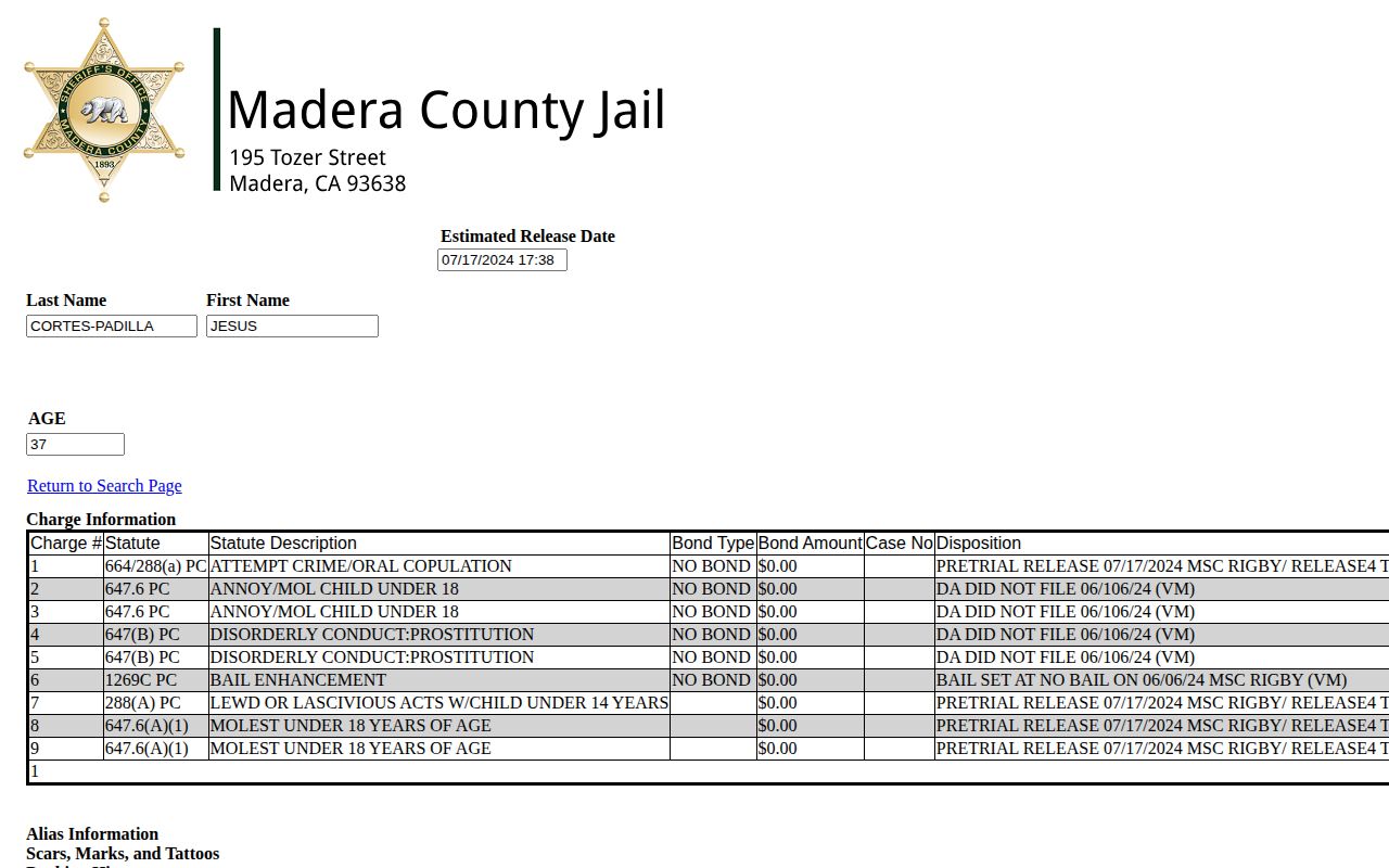Madera County released inmate booking detail with image area and release fields
