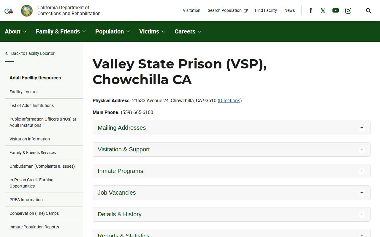 Valley State Prison CDCR release records facility page